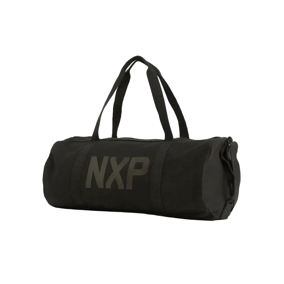 Black duffel bag with 'NXP' branding on a light gray background