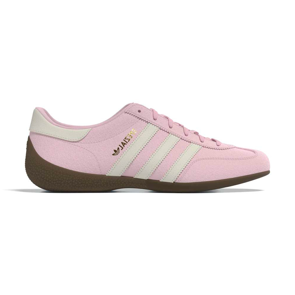 Pink Adidas sneaker with three white stripes on a white background